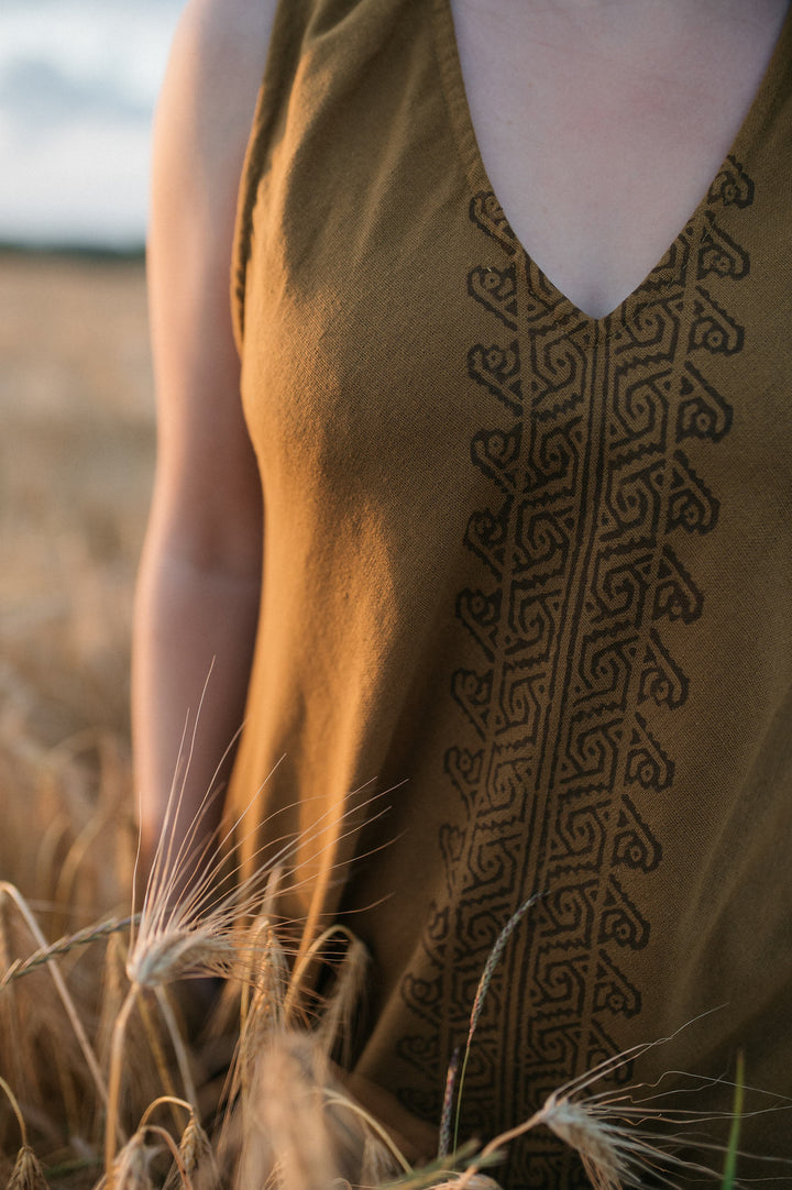 Mini dress with block print ~ olive / pink