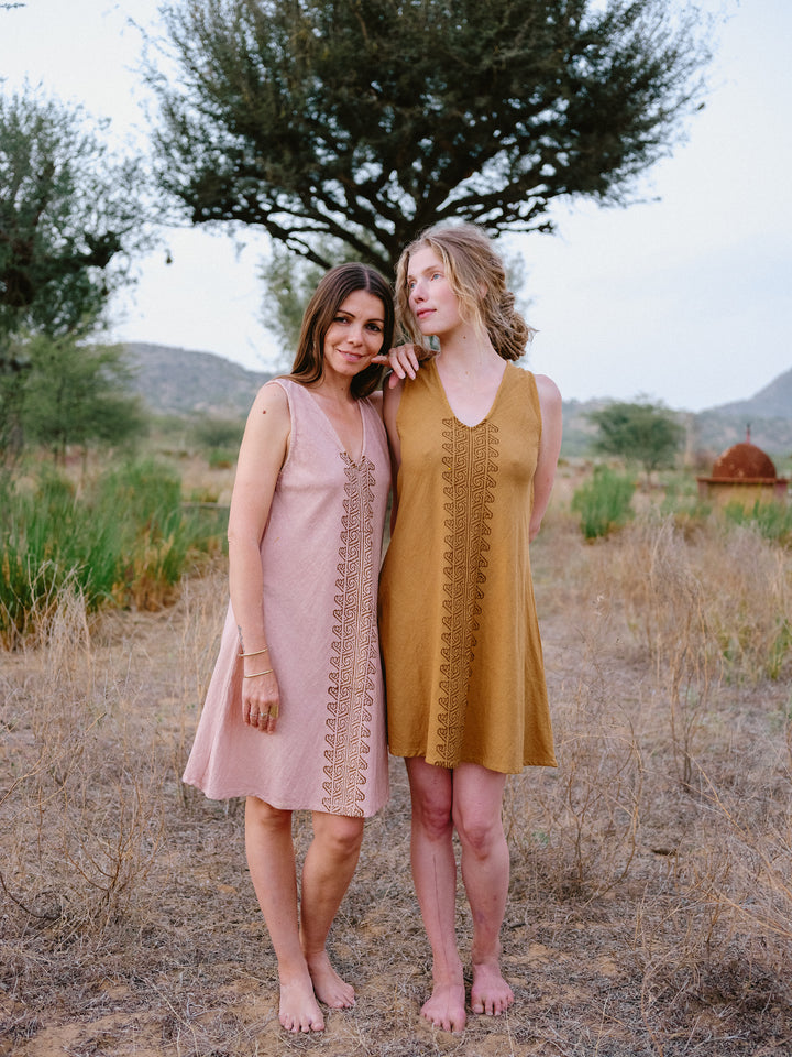 Mini dress with block print ~ olive / pink